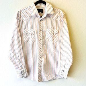 Wrangler White Blue Orange Stripe Pearl Snap Shirt